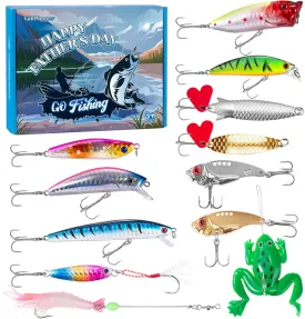 12Pcs Fishing Lures Gifts for Daddy, Fathers Day Dad Gifts for Men, Dad Fishing Gear for Birthday, Father's Day, Retirement, Funny Lures Kit Freshwater & Saltwater Ideas Box for Dad Grandfather