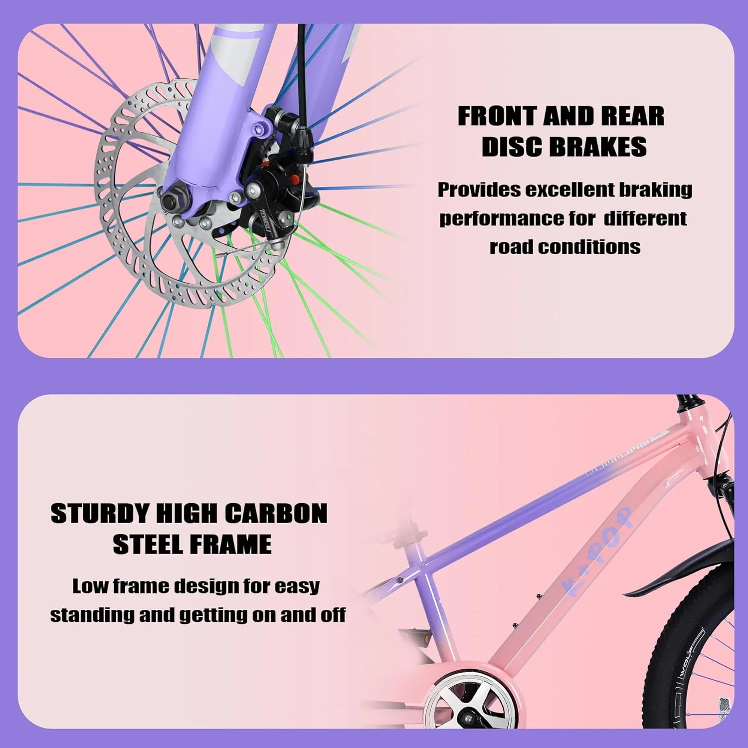 20 24 Inch Kids' Mountain Bike, Front Suspension Fork Kids' Bicycles for Boys Girls, Single Speed Bikes for Girls Boys Ages 8-12, Front and Rear Disc Brakes, Adjustable Seat Height