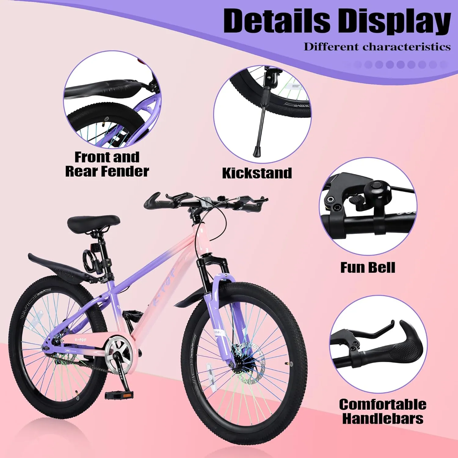 20 24 Inch Kids' Mountain Bike, Front Suspension Fork Kids' Bicycles for Boys Girls, Single Speed Bikes for Girls Boys Ages 8-12, Front and Rear Disc Brakes, Adjustable Seat Height