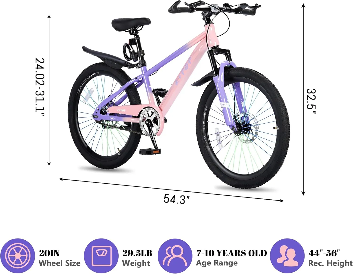 20 24 Inch Kids' Mountain Bike, Front Suspension Fork Kids' Bicycles for Boys Girls, Single Speed Bikes for Girls Boys Ages 8-12, Front and Rear Disc Brakes, Adjustable Seat Height