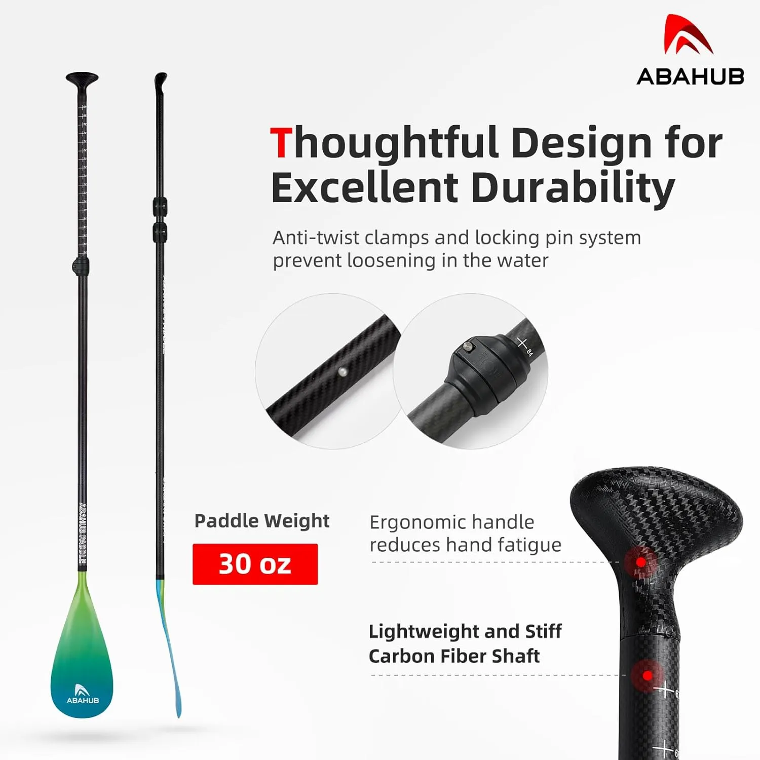 Abahub Carbon Fiber SUP Paddles, 1 x 3 Section Adjustable 67" - 86" Carbon Fiber Shaft, Lightweight Stand-up Paddle Oars for Paddleboards, with a Carrying Bag