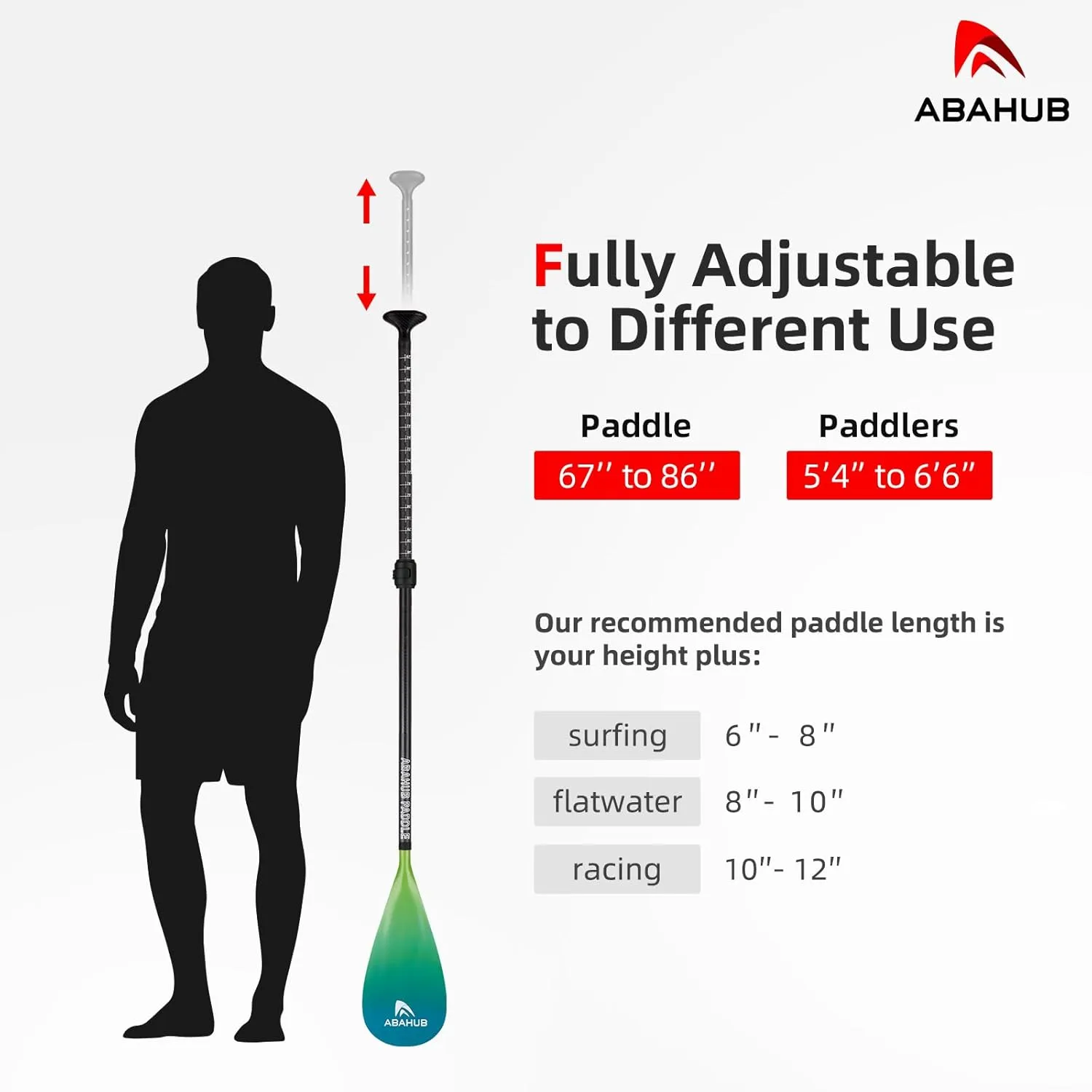 Abahub Carbon Fiber SUP Paddles, 1 x 3 Section Adjustable 67" - 86" Carbon Fiber Shaft, Lightweight Stand-up Paddle Oars for Paddleboards, with a Carrying Bag