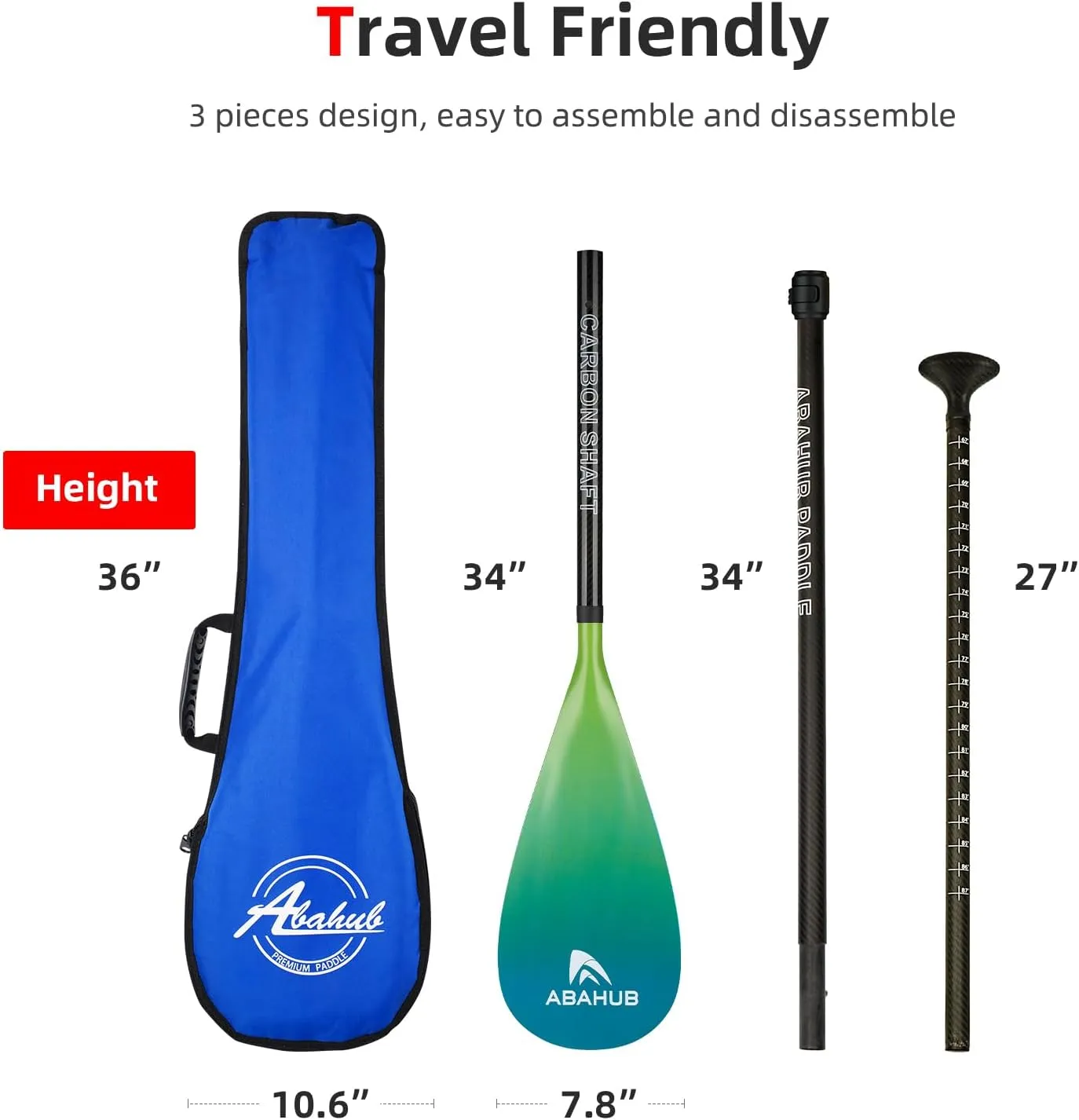 Abahub Carbon Fiber SUP Paddles, 1 x 3 Section Adjustable 67" - 86" Carbon Fiber Shaft, Lightweight Stand-up Paddle Oars for Paddleboards, with a Carrying Bag