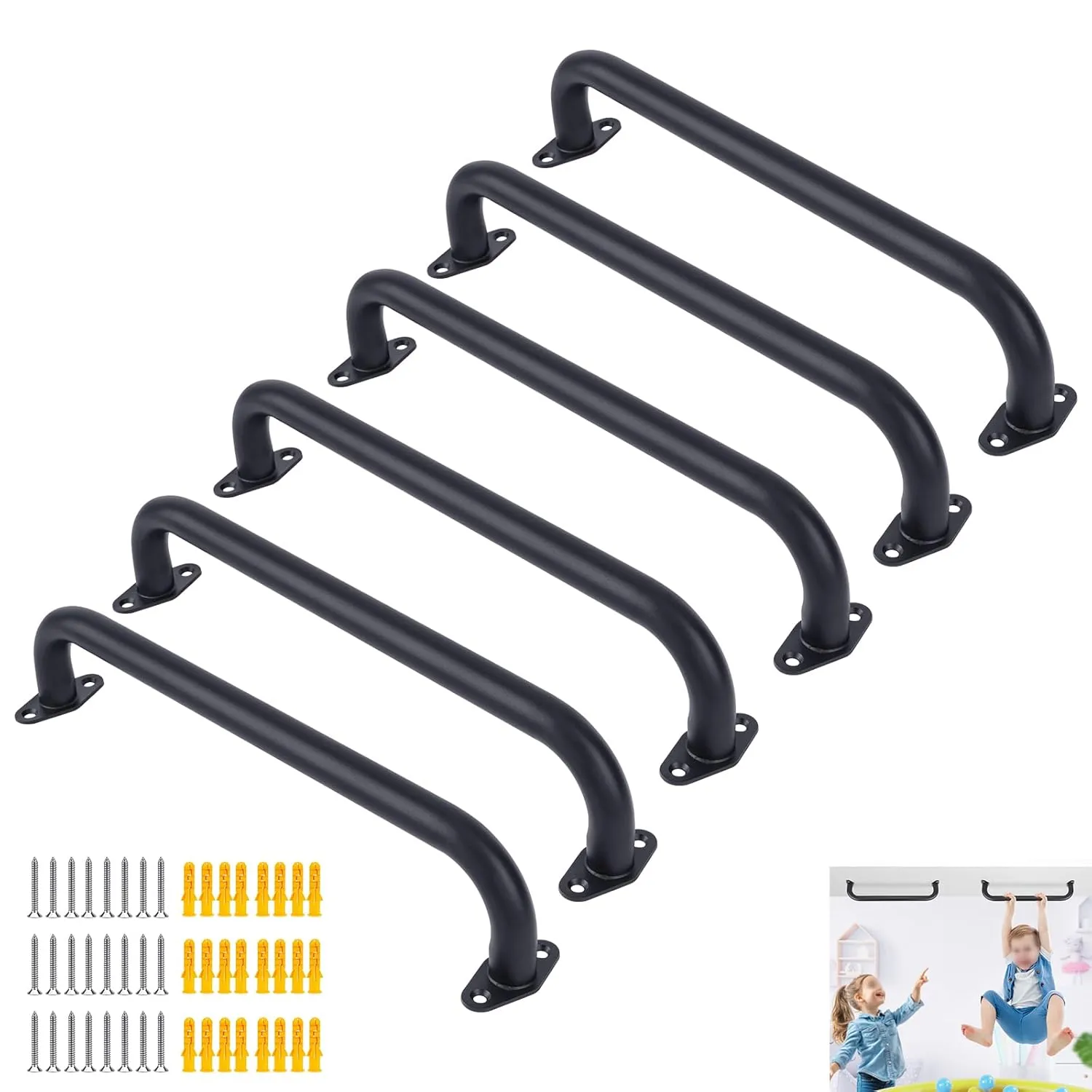 BiJun17 inch Metal Playground Handles,Monkey Bars Indoor Heavy Duty Safety Ceiling Grab Bars for Indoor Outdoor Playgrounds Climbing Frames,Treehouses and Wall ladders (Black Set of 6)