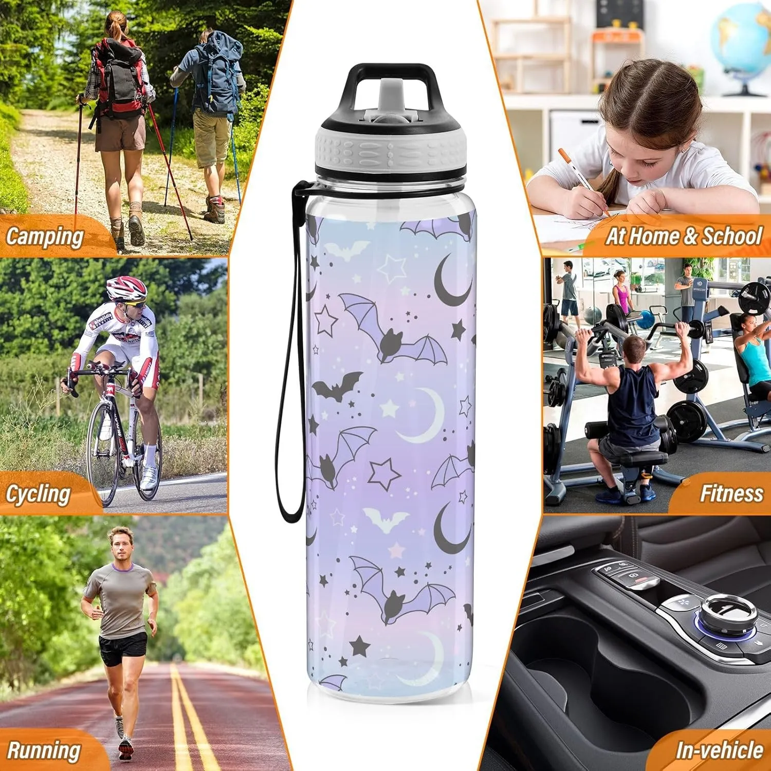 Cute Bats Starry Sky Sports Water Bottle with Straw Lid Tritan Water Bottle Large 32oz BPA Free Clear Leakproof Drinking Bottle for Kids Boys Girls Women Men Gym School