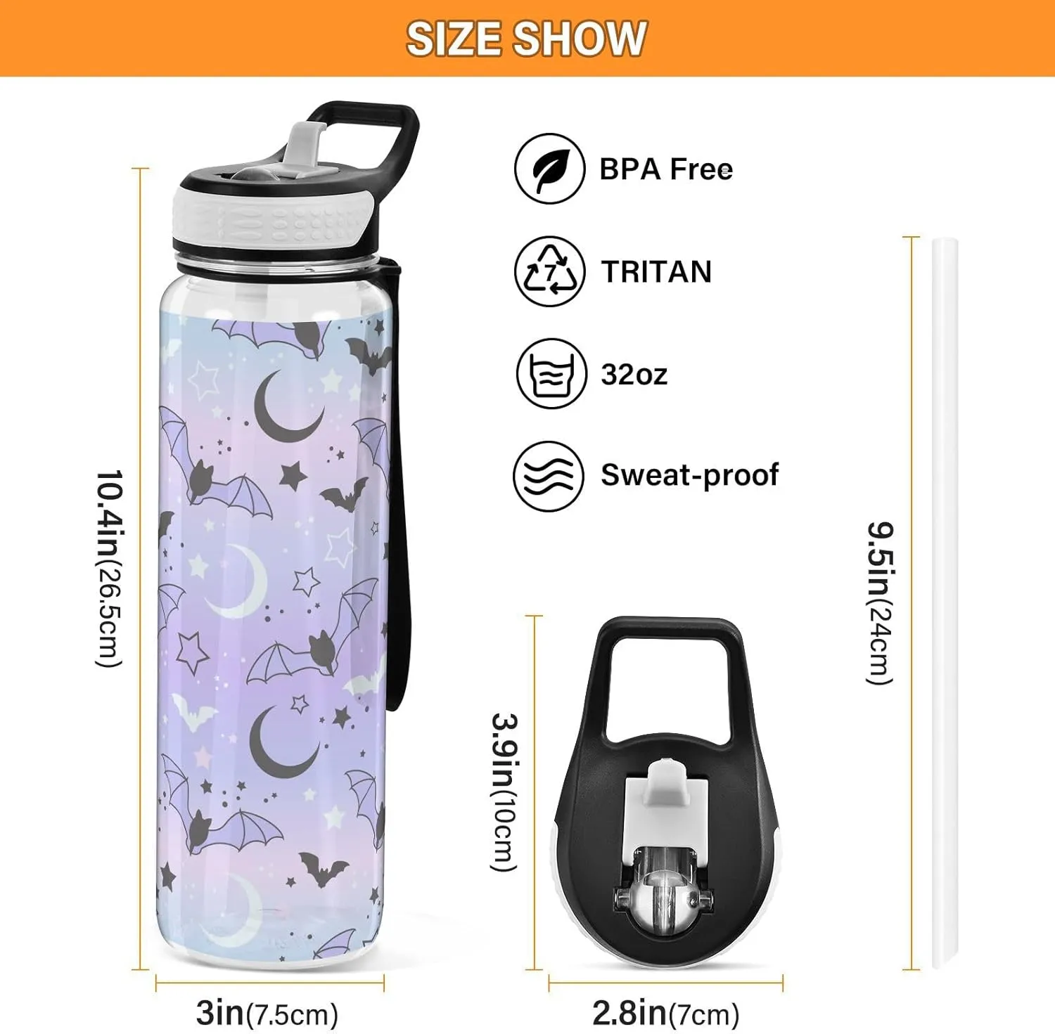 Cute Bats Starry Sky Sports Water Bottle with Straw Lid Tritan Water Bottle Large 32oz BPA Free Clear Leakproof Drinking Bottle for Kids Boys Girls Women Men Gym School