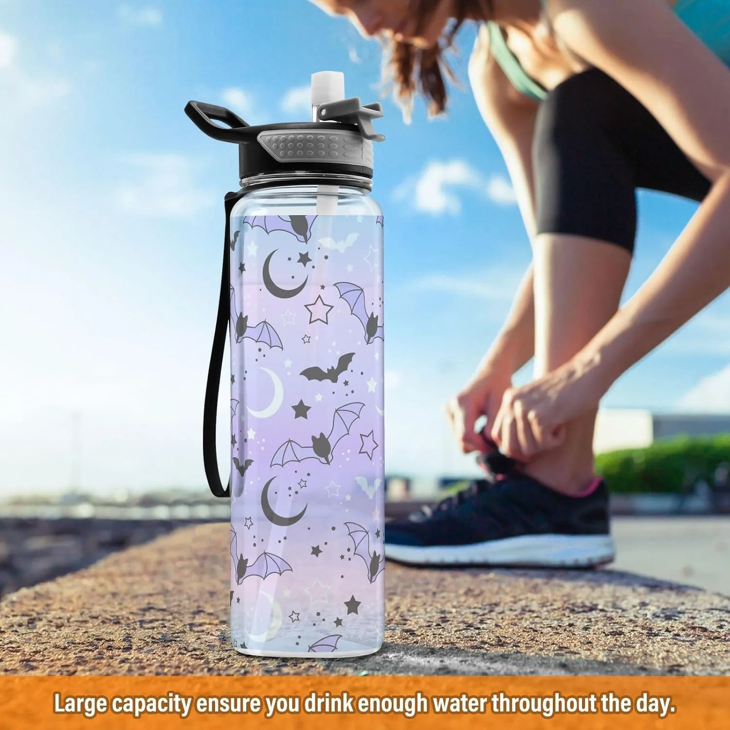 Cute Bats Starry Sky Sports Water Bottle with Straw Lid Tritan Water Bottle Large 32oz BPA Free Clear Leakproof Drinking Bottle for Kids Boys Girls Women Men Gym School