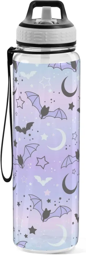 Cute Bats Starry Sky Sports Water Bottle with Straw Lid Tritan Water Bottle Large 32oz BPA Free Clear Leakproof Drinking Bottle for Kids Boys Girls Women Men Gym School