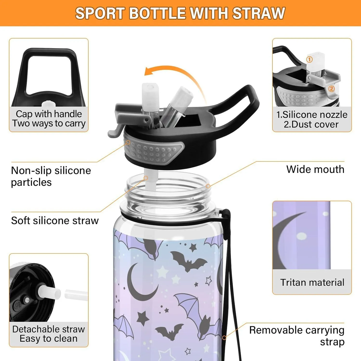 Cute Bats Starry Sky Sports Water Bottle with Straw Lid Tritan Water Bottle Large 32oz BPA Free Clear Leakproof Drinking Bottle for Kids Boys Girls Women Men Gym School