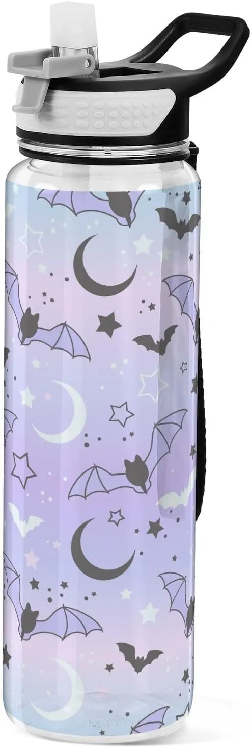 Cute Bats Starry Sky Sports Water Bottle with Straw Lid Tritan Water Bottle Large 32oz BPA Free Clear Leakproof Drinking Bottle for Kids Boys Girls Women Men Gym School