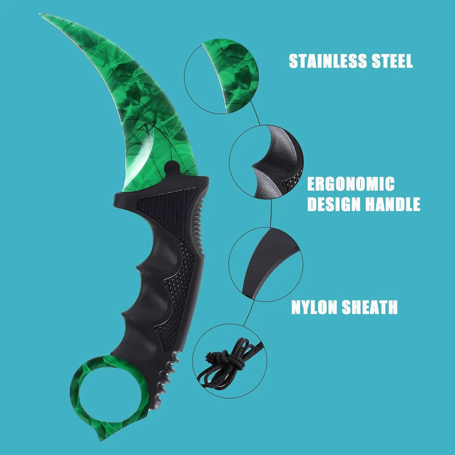 Karambit Knife Fixed Blade Tactical Camping Tool, 2 Pieces Stainless Steel Outdoor Hunting Knife with Sheath and Cord, Suitable for Hiking, Adventure, Survival and Collection (Green&Black)