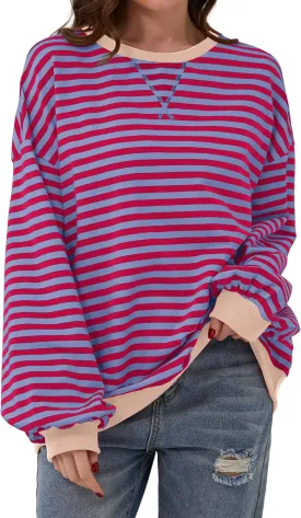 Labolliy Women Striped Oversized Sweatshirt Color Block Crew Neck Long Sleeve Shirt Casual Pullover Top Fall Y2K Clothes