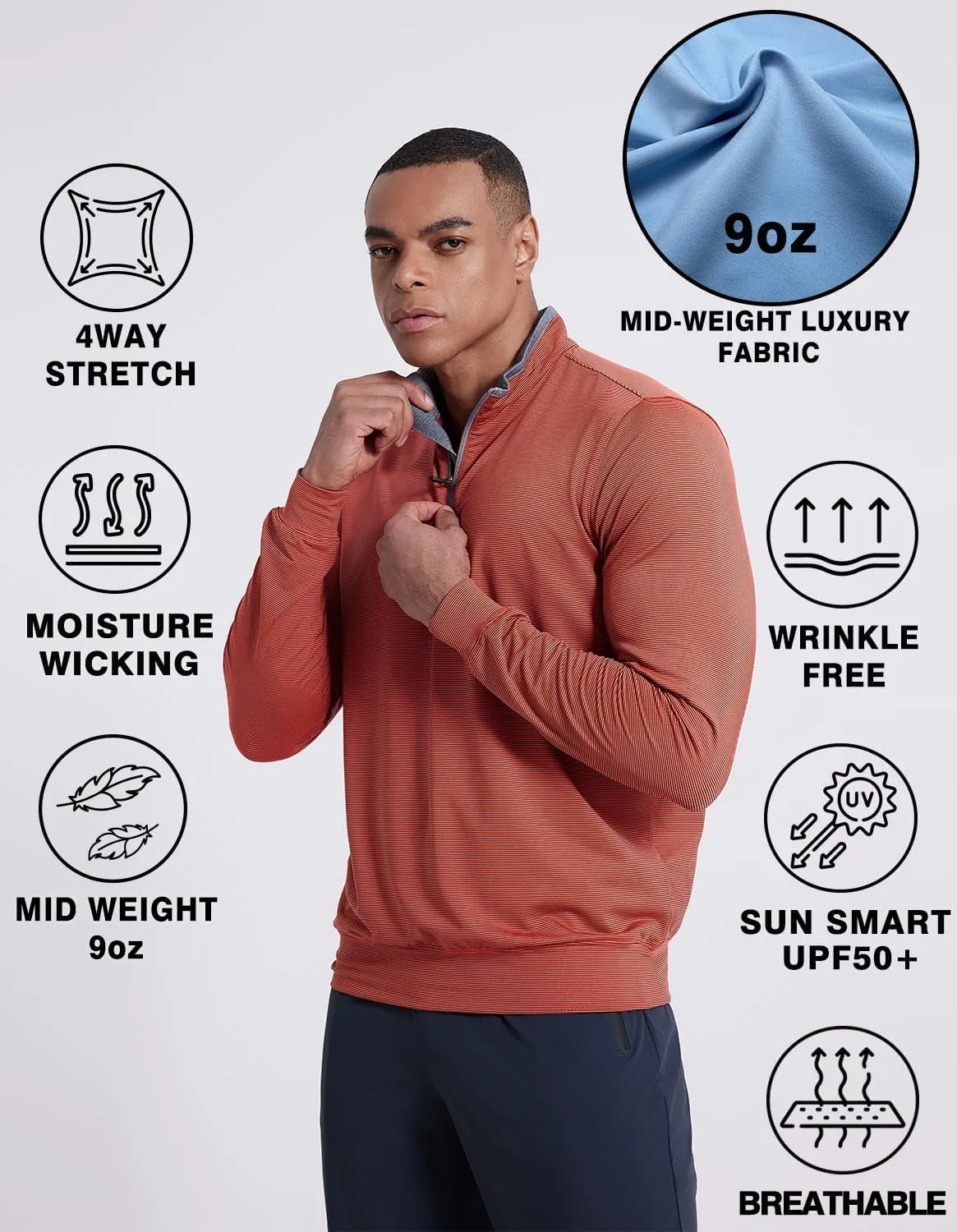 Men's 1/4 Zip Pullover UPF 50  Long Sleeve Loose Fit Golf Shirts Sun Protection Quick-Dry Athletic Sports Pullover Tops
