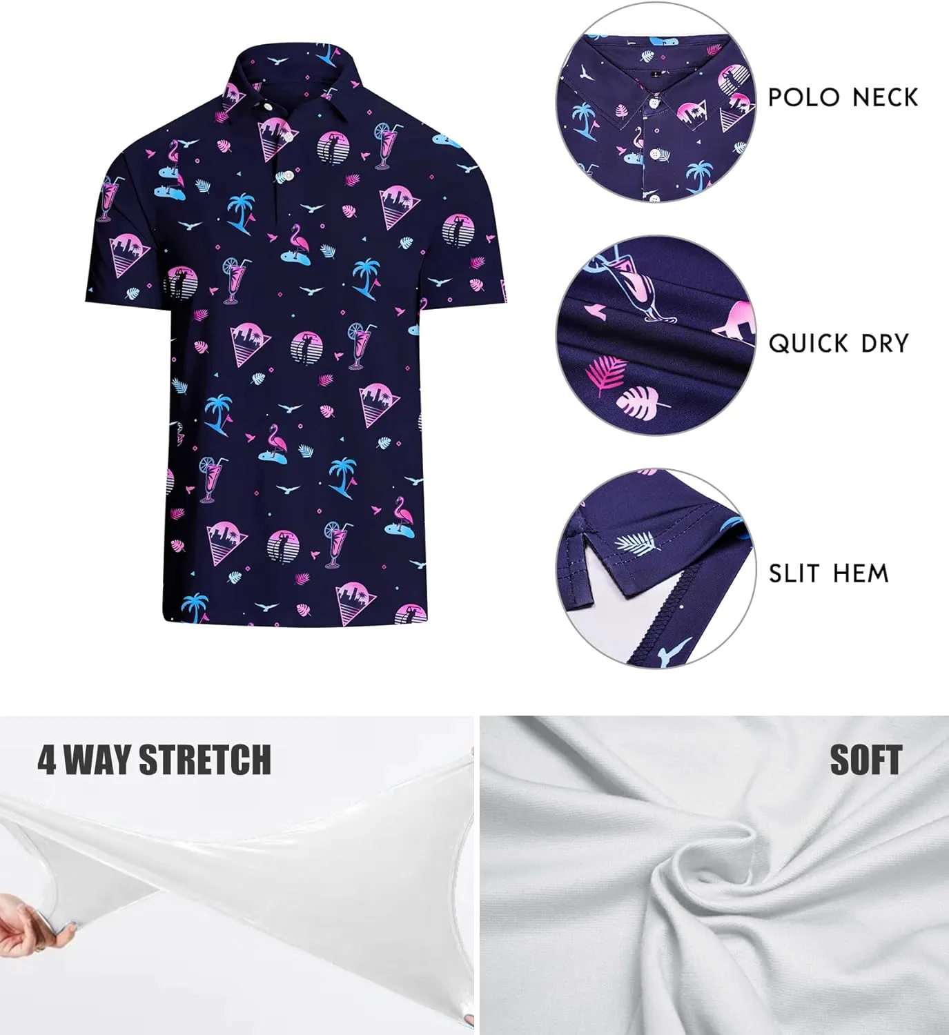 Mens Golf Polo Shirts Short Sleeve Printed Moisture Wicking Casual Shirt