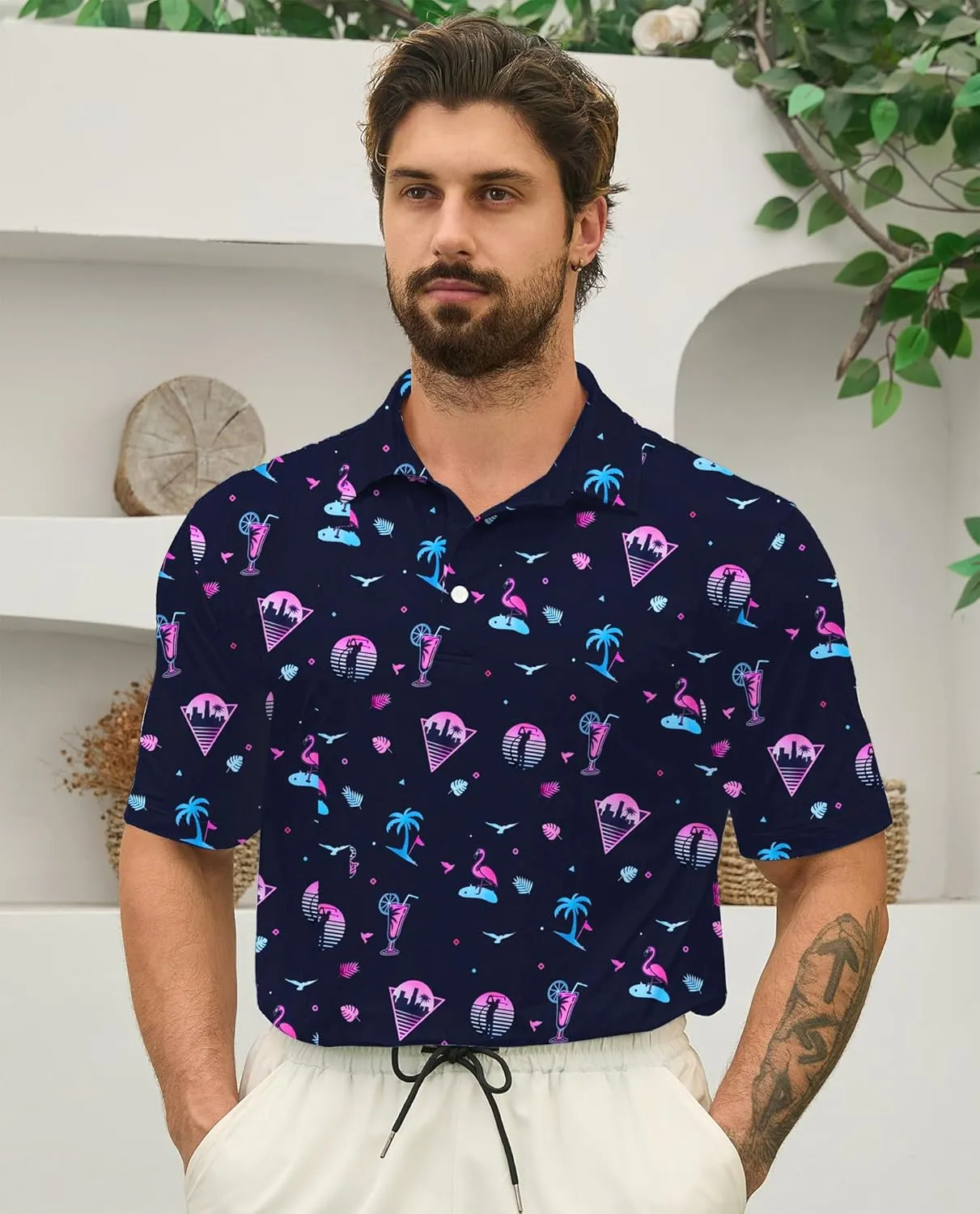 Mens Golf Polo Shirts Short Sleeve Printed Moisture Wicking Casual Shirt