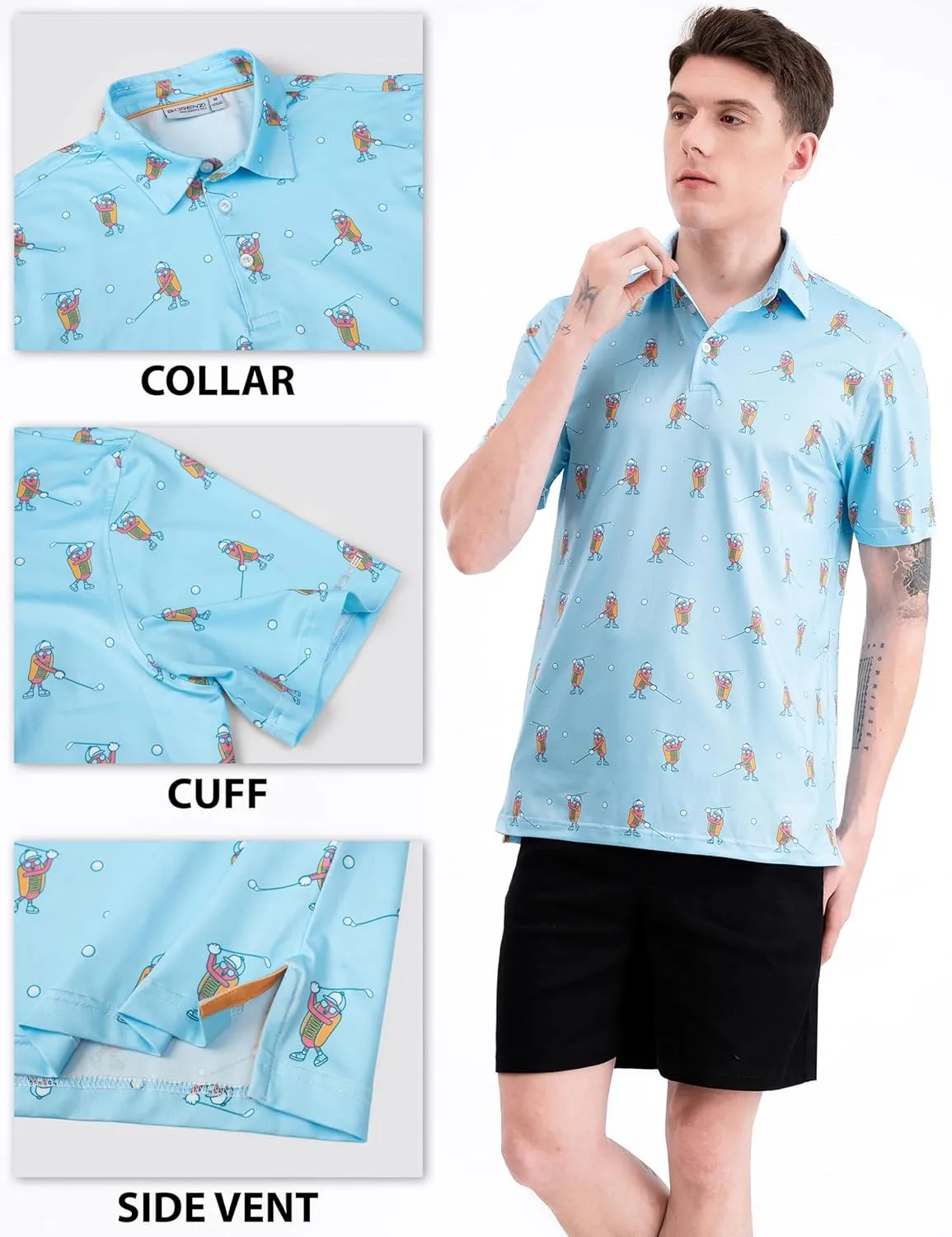 Men's Golf Shirts Short Sleeve Moisture Wicking Print Patterns Collared Performance Polo Golf Shirts for Men Dry Fit