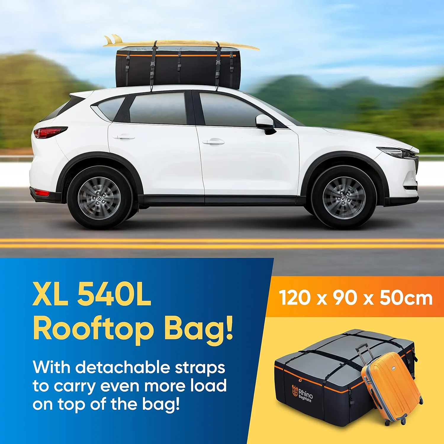 Military-Grade Waterproof Roof Bag - Rooftop Cargo Carrier  19 Cubic Feet. (540L) with 4 Door Hooks, Zipper/Buckle Closure, Extra Strap  Black Roof Bag for Cars with or Without Rack
