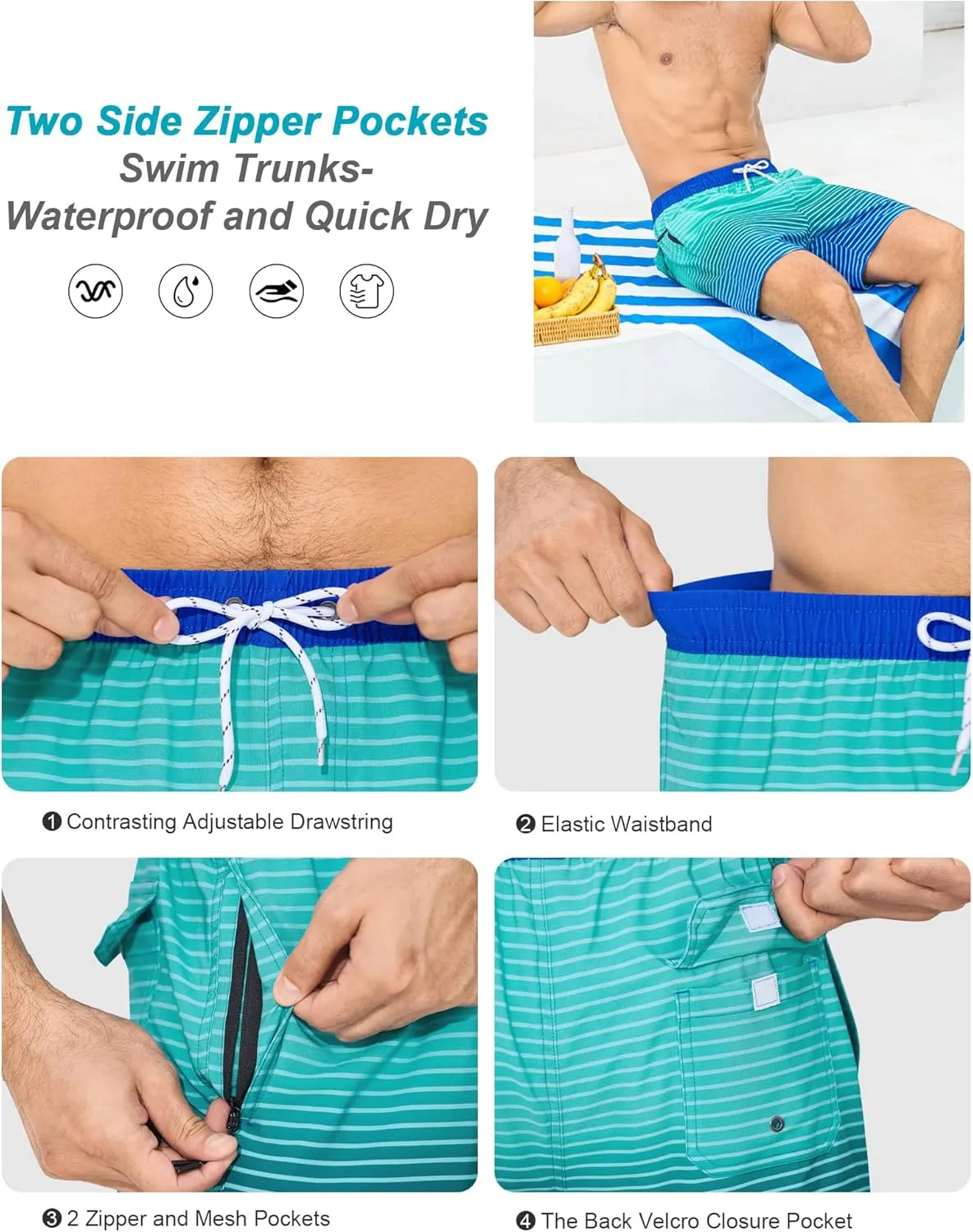 SILKWORLD Mens Swim Trunks with Compression Liner 6 Inch Inseam Quick Dry Beach Shorts Bathing Suit with Zipper Pockets