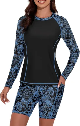 Tournesol Women's 2 Piece Rash Guard Long Sleeve Swim Shirt UV UPF 50  Built in Bra Swimsuit with Board Shorts with Pockets
