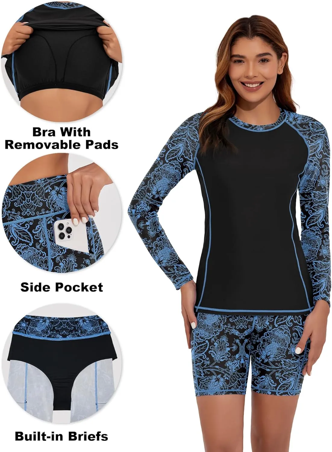 Tournesol Women's 2 Piece Rash Guard Long Sleeve Swim Shirt UV UPF 50  Built in Bra Swimsuit with Board Shorts with Pockets