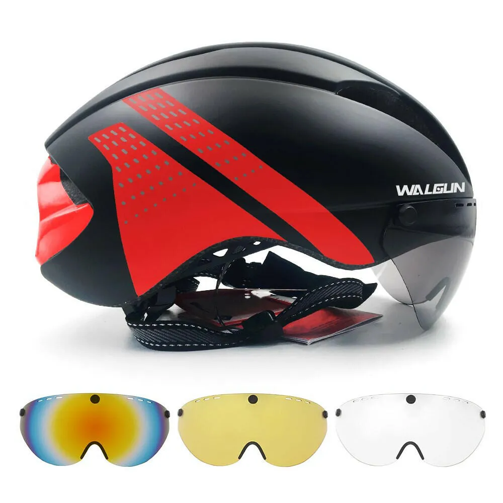 WALGUN Aero Cycling Helmet Road Bike Helmet Adults Lens Goggles Visor Time Trial TT Triathlon Bicycle Helmet M L for Men Women
