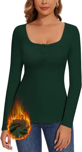 WOWENY Womens Long Sleeve Thermal Shirts Henley Slim Fitted Button T Shirt Basic Underwear Tops Warm Base Layer