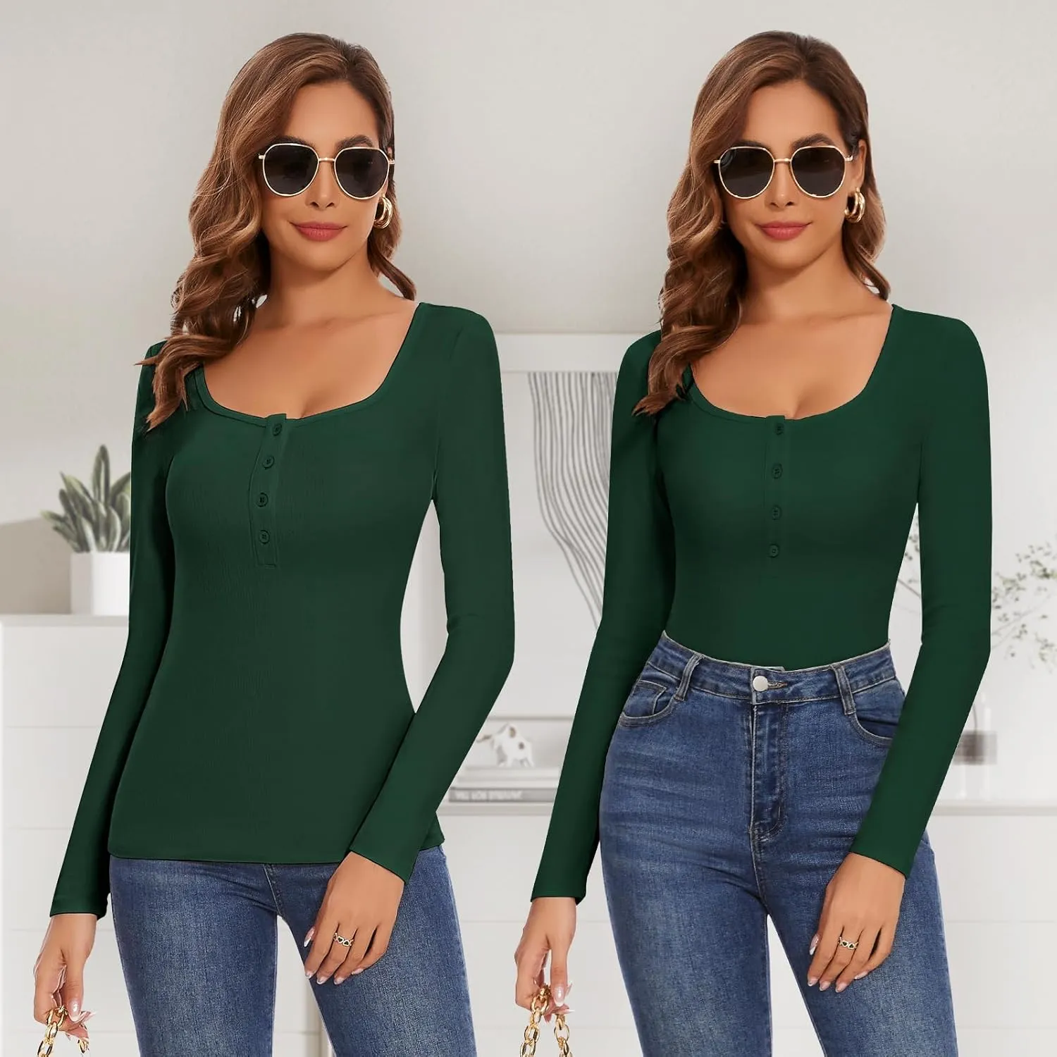 WOWENY Womens Long Sleeve Thermal Shirts Henley Slim Fitted Button T Shirt Basic Underwear Tops Warm Base Layer