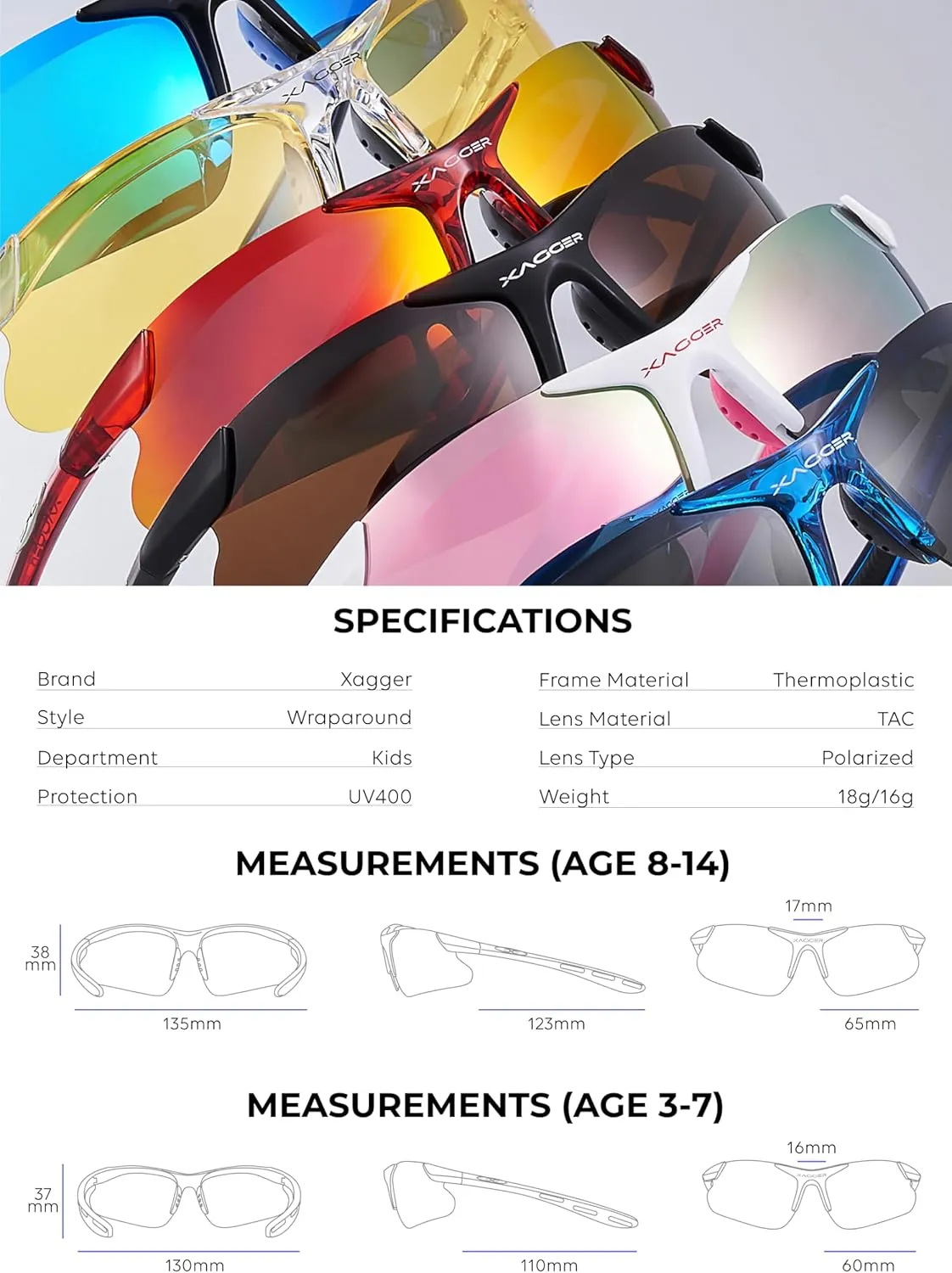 Xagger Kids Youth Polarized Sports Sunglasses for Boys Girls Baseball Softball Glasses TR90 Frame